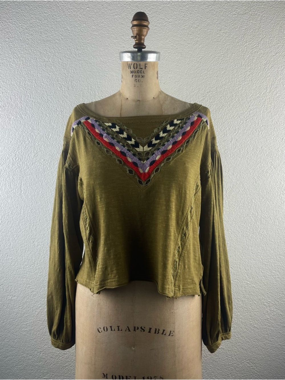 Free People l S Hand Me Down Embroidered Drop Shoulder Balloon Sleeve Crop Top